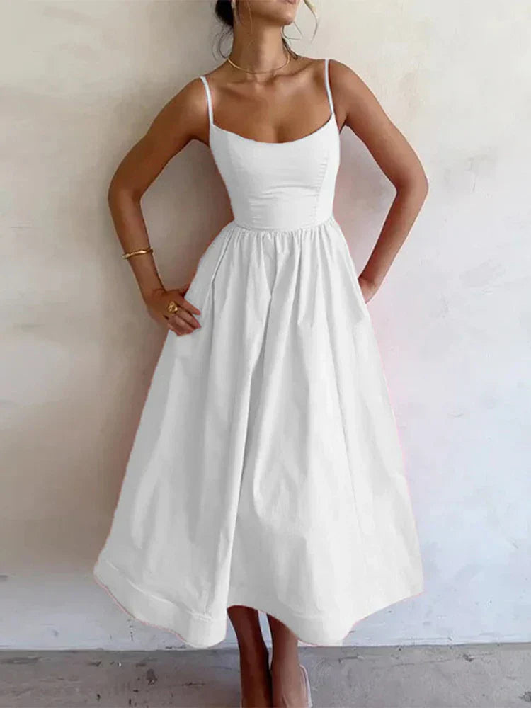 Women's - Strappy Dress - Scoop Neck Solid Colour