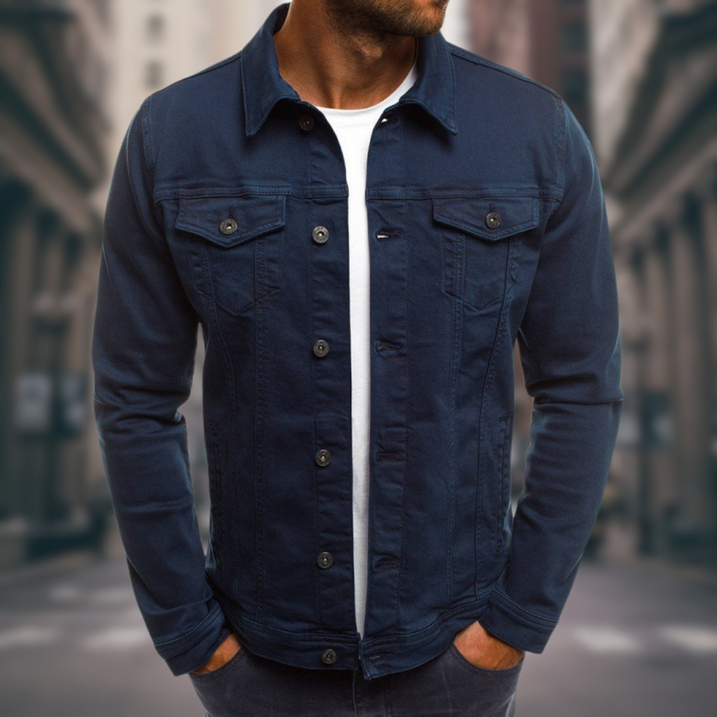 Men's - Classic Fit Stretch Denim Jacket with Button Closure