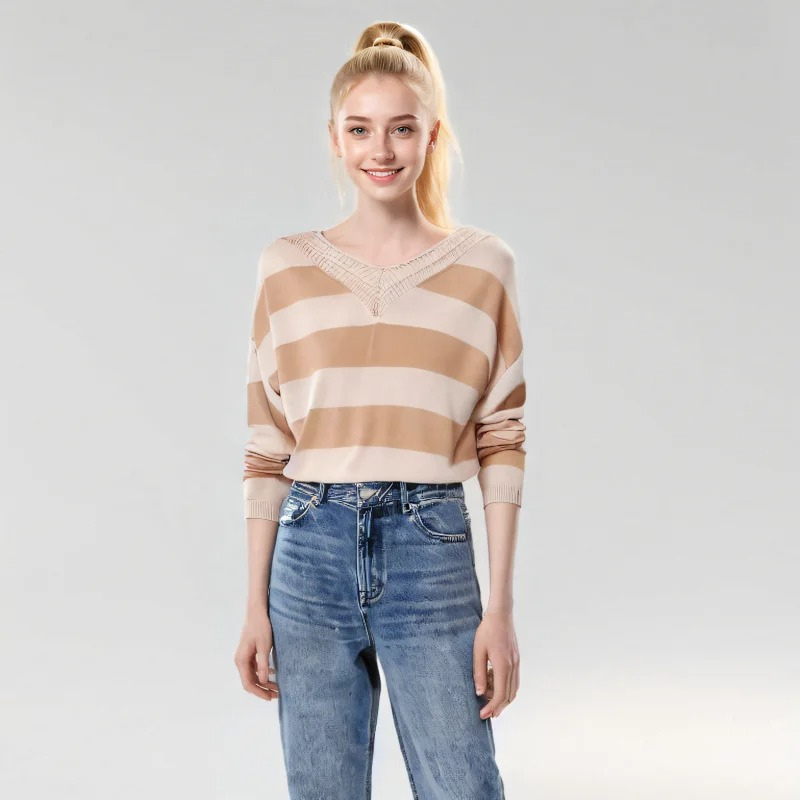 Trendy striped women's jumper with a loose fit - V-neck design