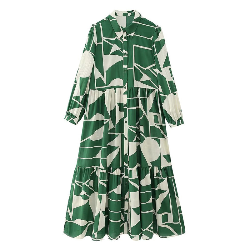 Versatile Geometric Bloc Print Long Shirt Dress