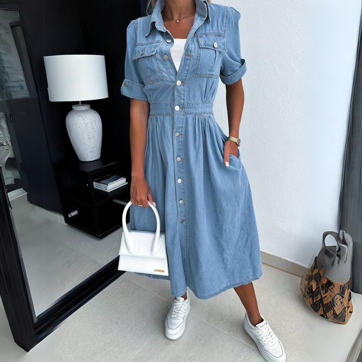 Shirt-style denim midi dress with pockets