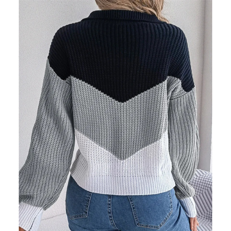 Knitted women's jumper with V-neck, casual colour block