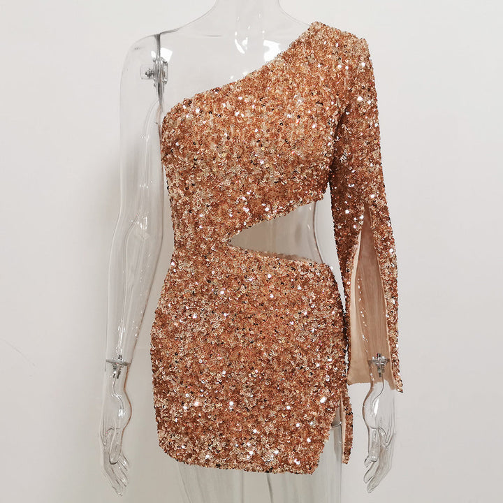 Fashionable sequin shoulder high waist hollow-out dress