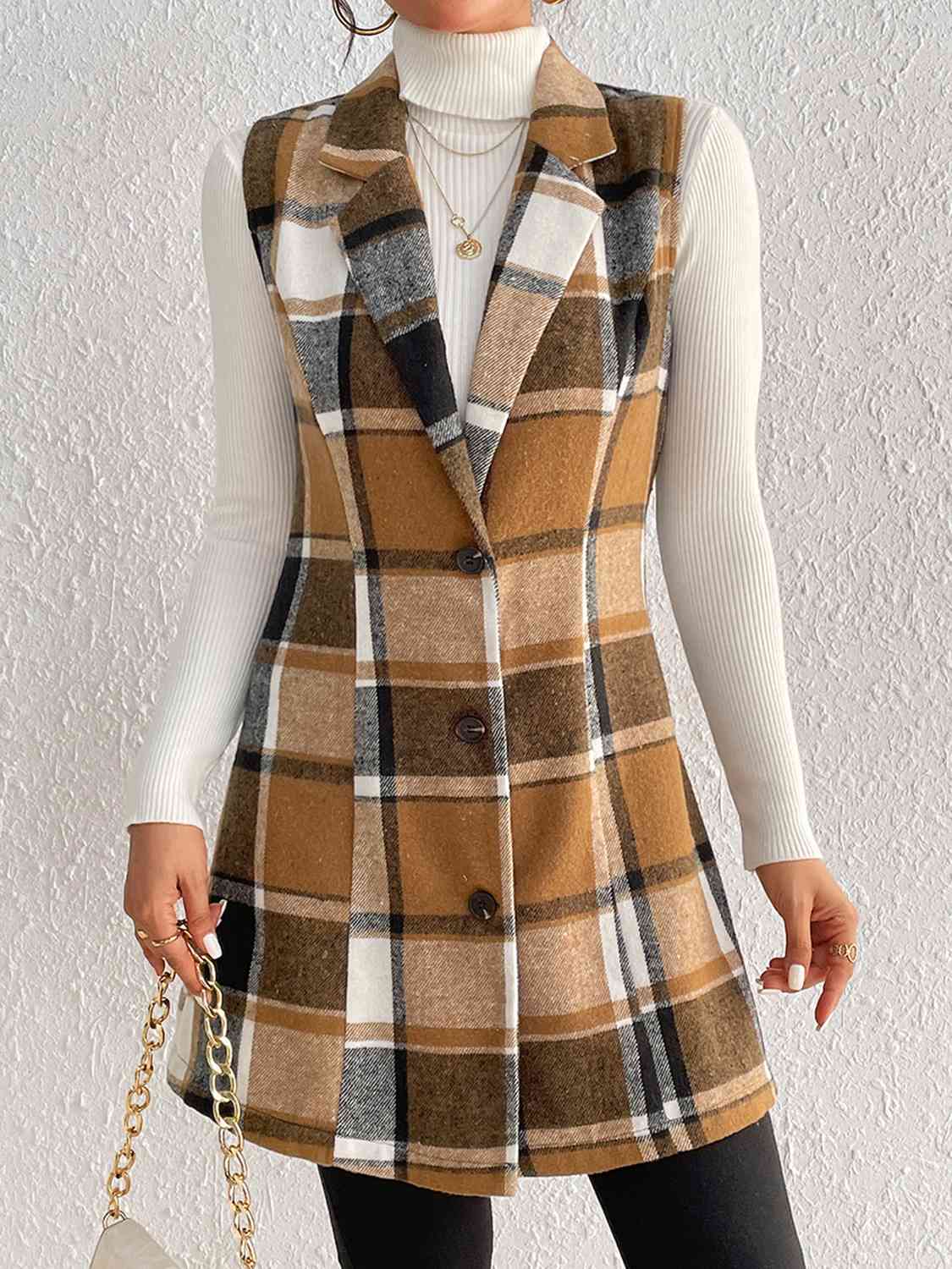 Women's - Chic Plaid Lapel Collar Vest - Stylish Layering Essential