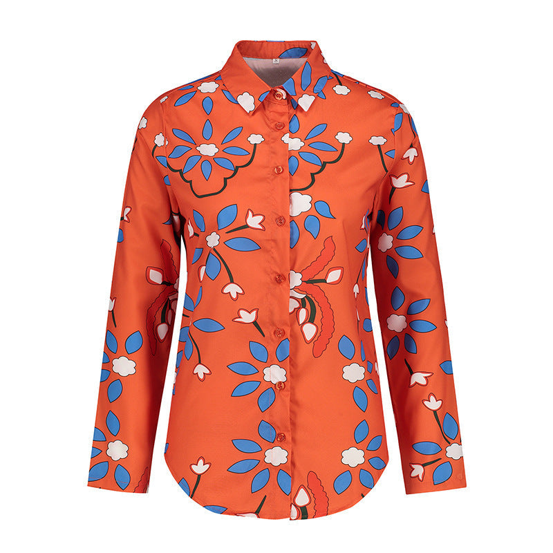 Printed long sleeve lapel collar fashion women's blouse