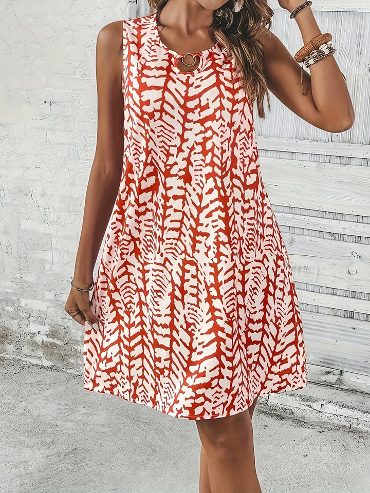 Women's - Printed Summer Dress - Sleeveless A-Line with Keyhole Neckline - Airy & Elegant Style for Warm Days