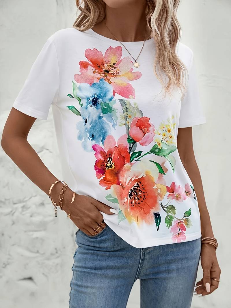 T-shirt with floral print and round neckline