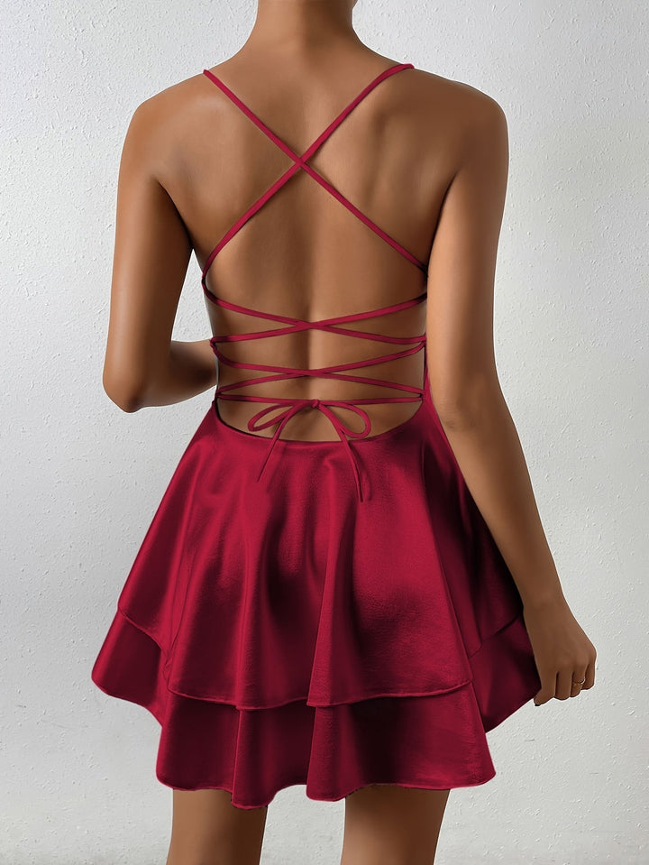 Women's - Cami Dress - Crossover Back, Fitted Style, Ruffle Hem, Sleeveless - Perfect Summer Fashion