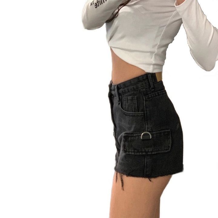 Stylish high-waisted jeans chain wide leg raw shorts