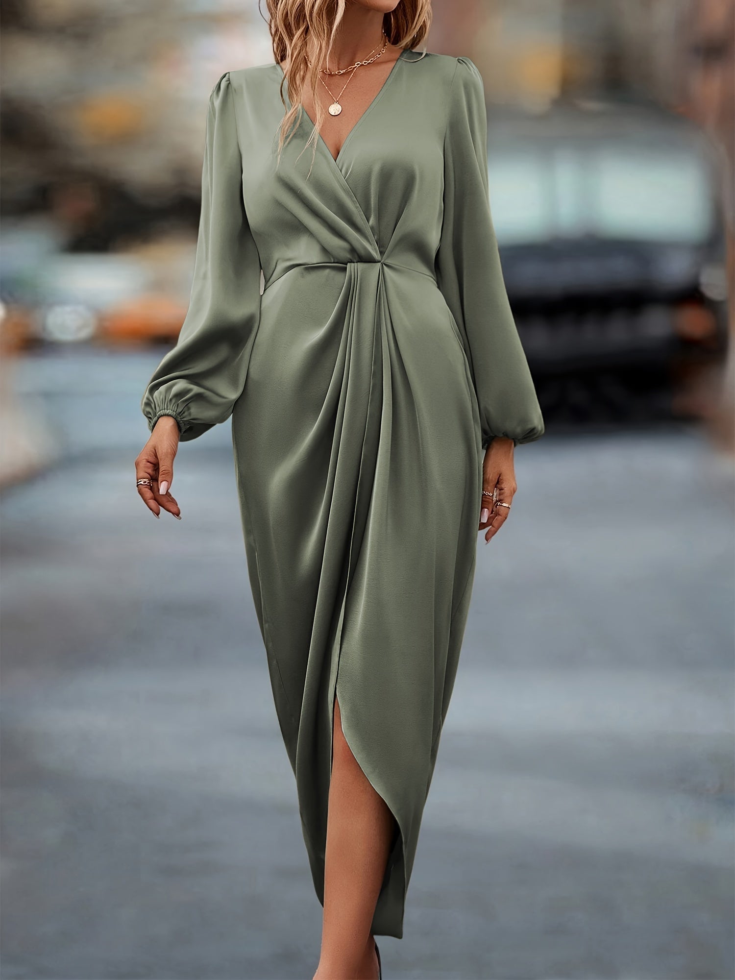 Women's - Ruched Long Sleeve Dress - Formal Wear