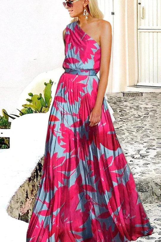 Printed maxi dress with one shoulder section