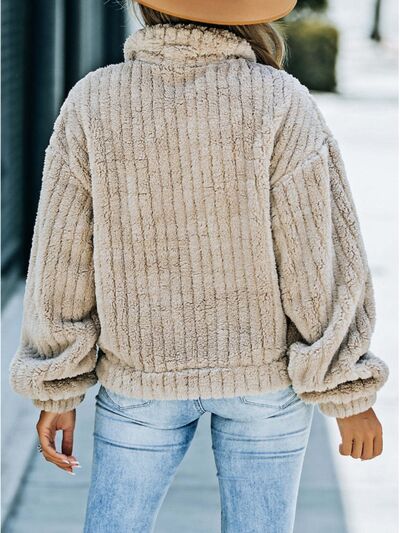 Women's - Fuzzy Button Up Collared Neck Jacket - Cosy Style - Perfect for Fall