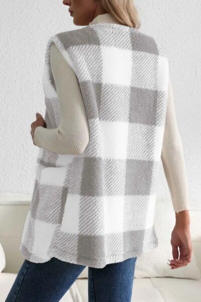 Women's - Cosy Sherpa Plaid Open Front Vest Coat - Stylish Layering Essential