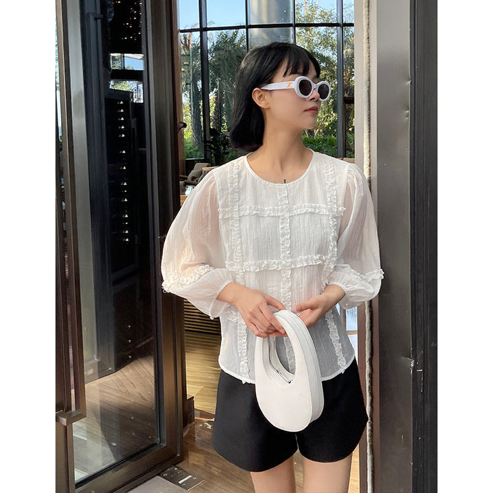 Trendy mesh long sleeve top women's ruffled blouse