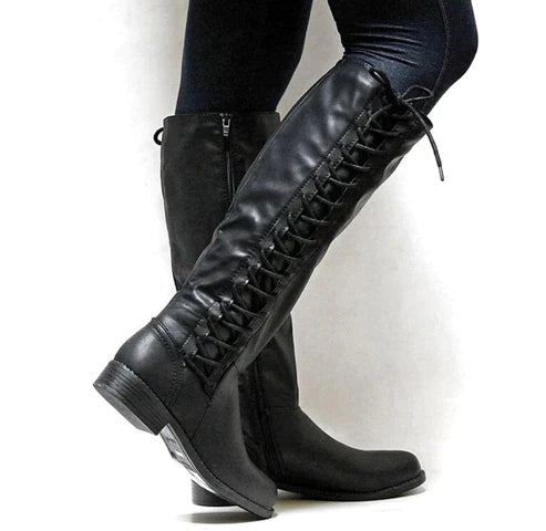 Women's - Knee-High Lace-Up Boots - Flat Style