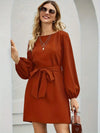 Round neckline and belt and elegant lantern sleeve dress