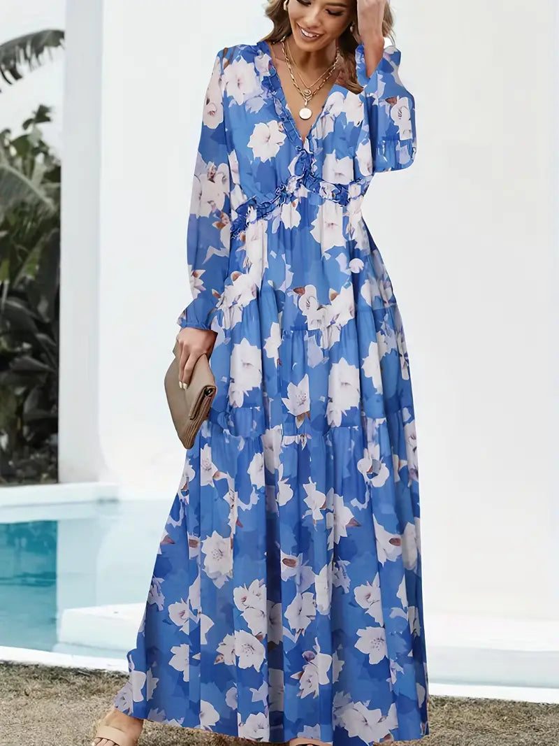 Holiday Maxi Dress With V-Neck and Long Sleeves With Floral Print