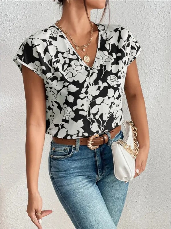 Short-sleeved top with V-neckline