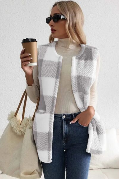 Women's - Cosy Sherpa Plaid Open Front Vest Coat - Stylish Layering Essential
