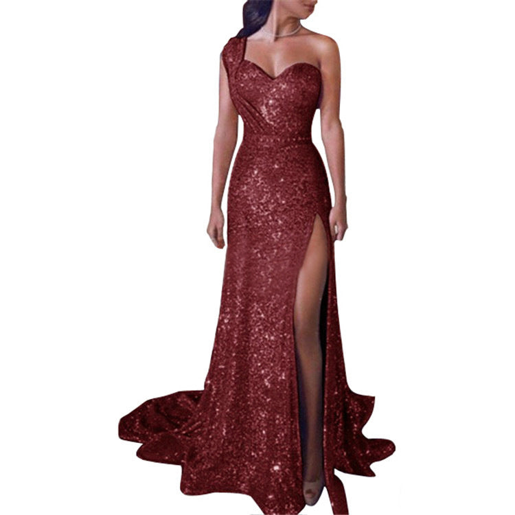 One-shoulder sleeveless bronze dress slit long skirt