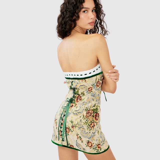 Strapless mini dress with vintage tapestry pattern