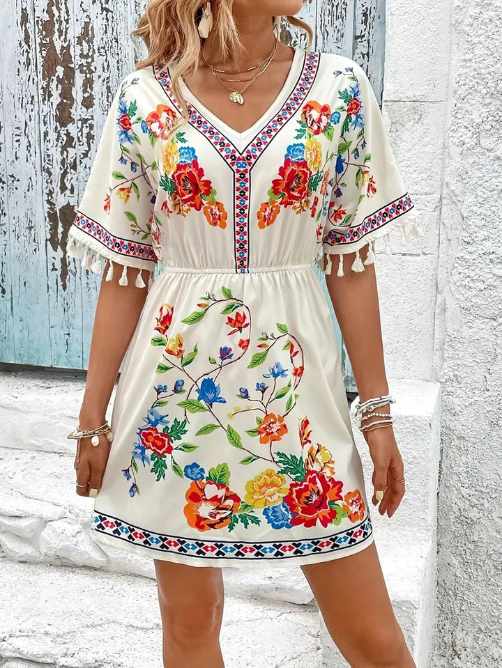 Elegant Dress With V-Neck, Short Sleeves and Floral Pattern With Tassels