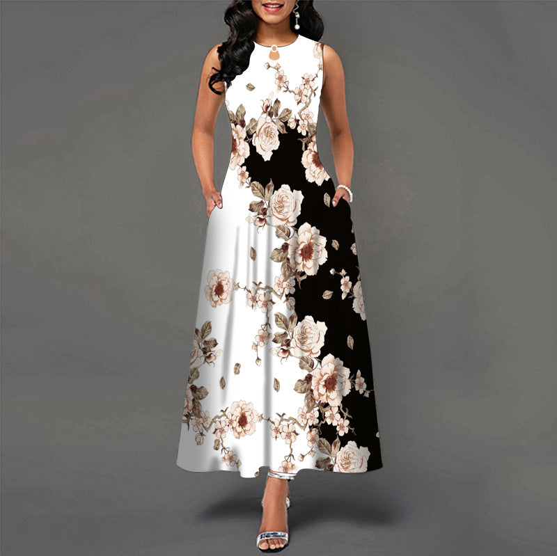 Timeless black and white colour block with floral print maxi dress