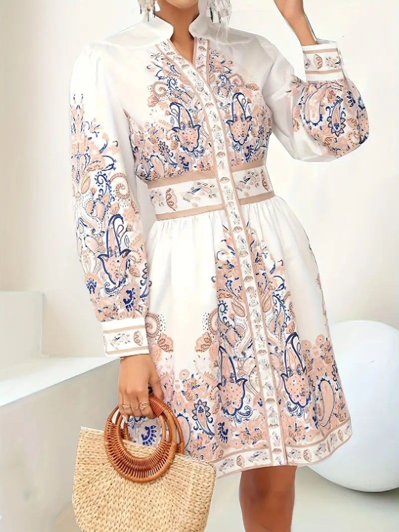 Holiday Maxi Dress With V-Neck and Long Sleeves With Floral Print