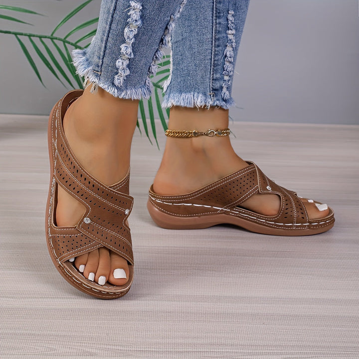 Women's - Vintage Flat Slide Sandals - Rhinestone Embellished & Comfortable - Perfect Summer Footwear