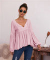 Puff sleeves single-coloured V-neck blouse T-shirt