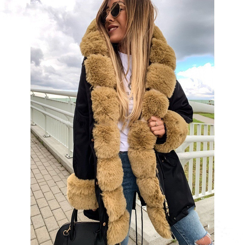 Faux fur puffer coat with hood for women