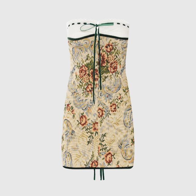 Strapless mini dress with vintage tapestry pattern