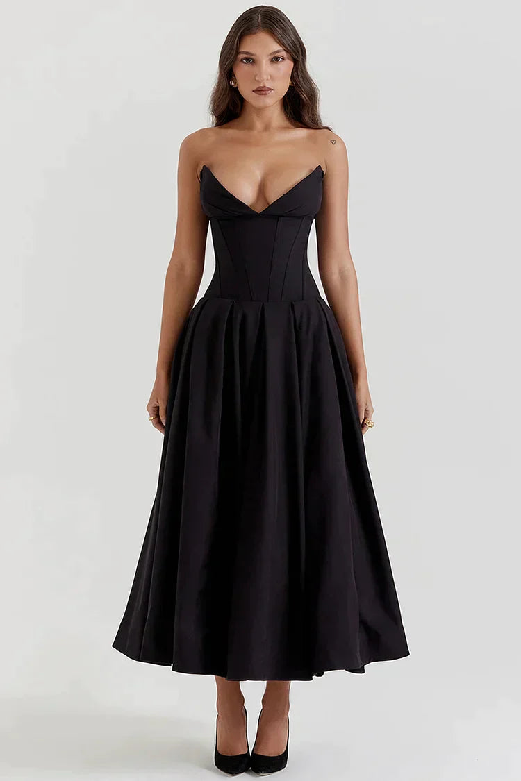 Strapless dress with deep V-neckline