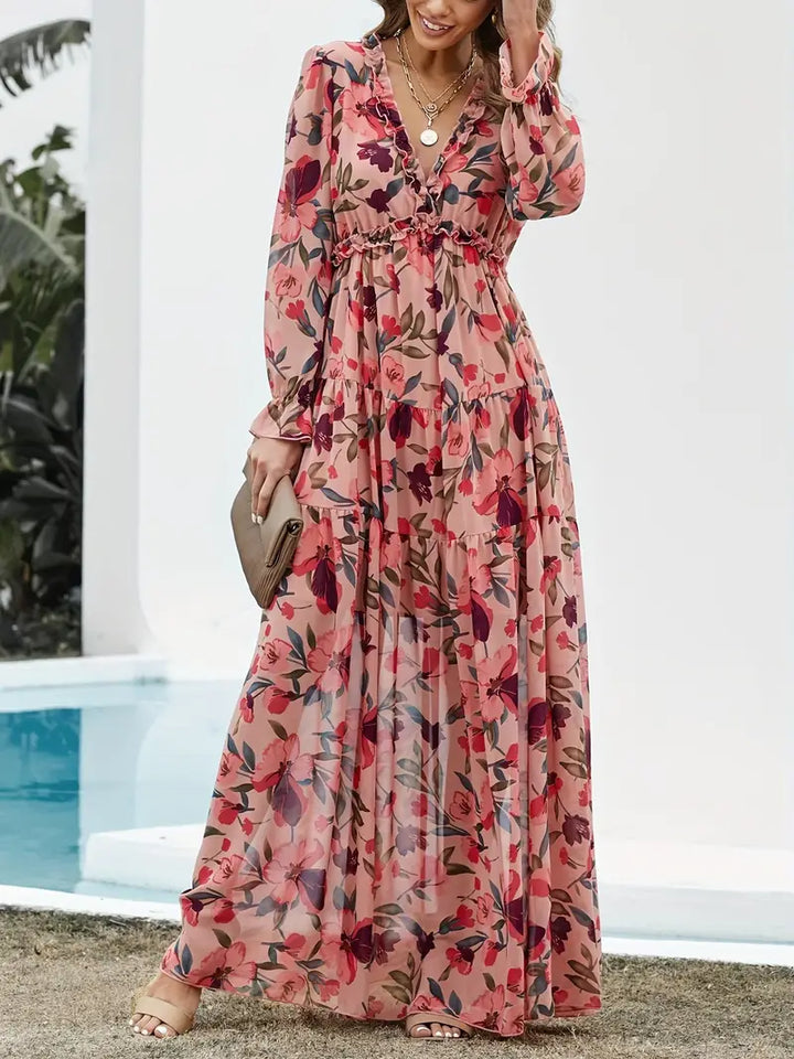 Holiday Maxi Dress With V-Neck and Long Sleeves With Floral Print