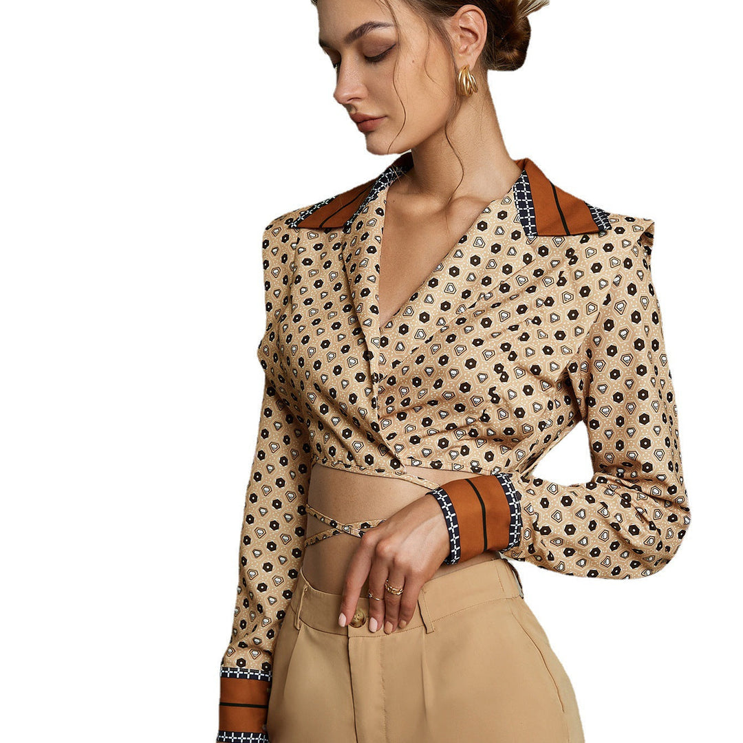 Fashionable cropped lapel slim fit blouse