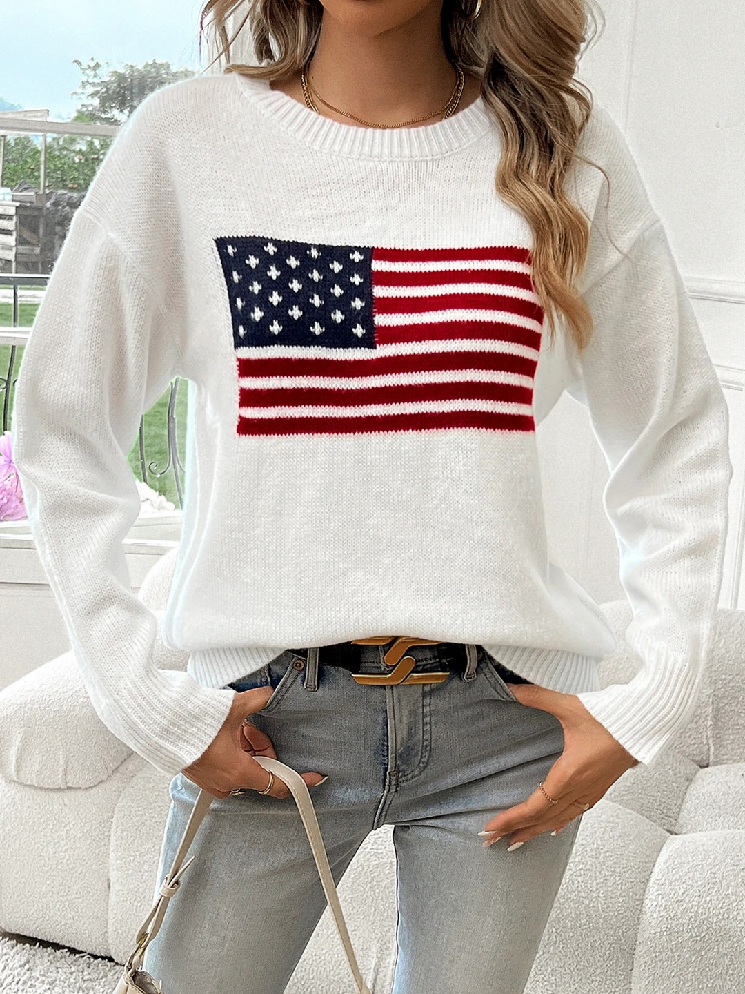 Casual knitted jumper with American flag print - women's jumper