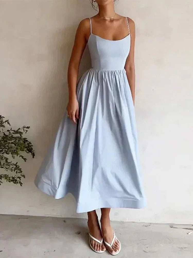 Women's - Strappy Dress - Scoop Neck Solid Colour