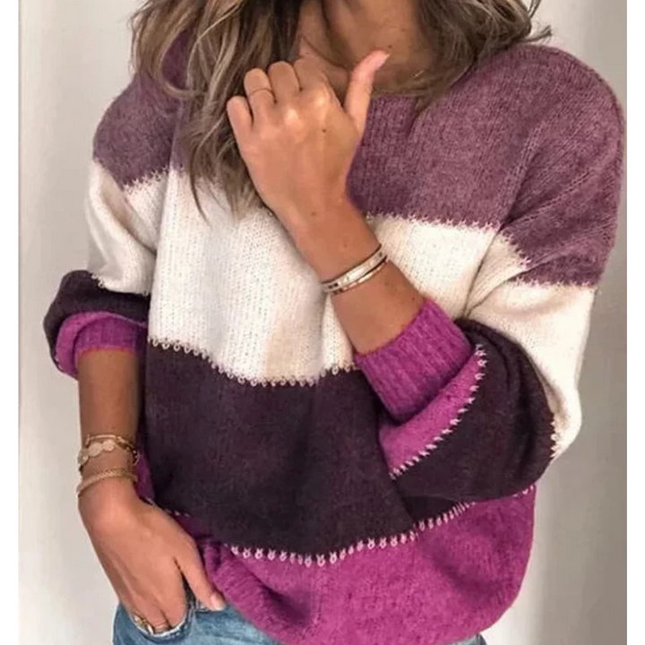 Casual Knitted Women's Sweater, Colour Block Design