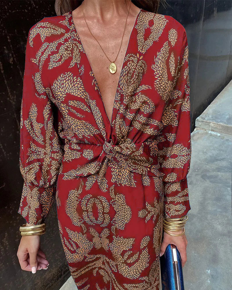 Women - Midi Dress - Floral Print - V-Neck Style