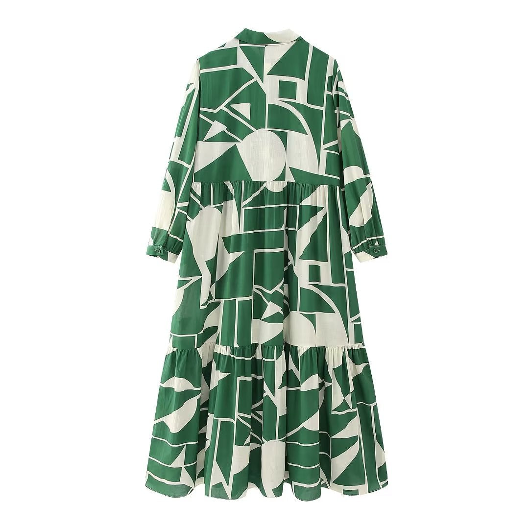 Versatile Geometric Bloc Print Long Shirt Dress