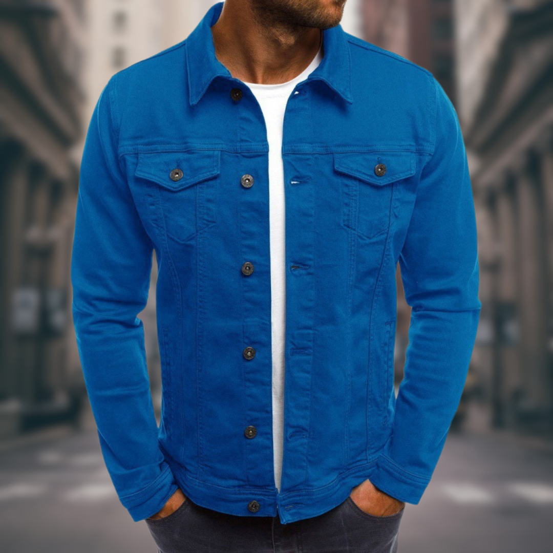Men's - Classic Fit Stretch Denim Jacket with Button Closure