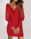 Women's - Long-Sleeved Lace Dress - V-Neckline - Elegant Floral Design - Perfect for Special Occasions