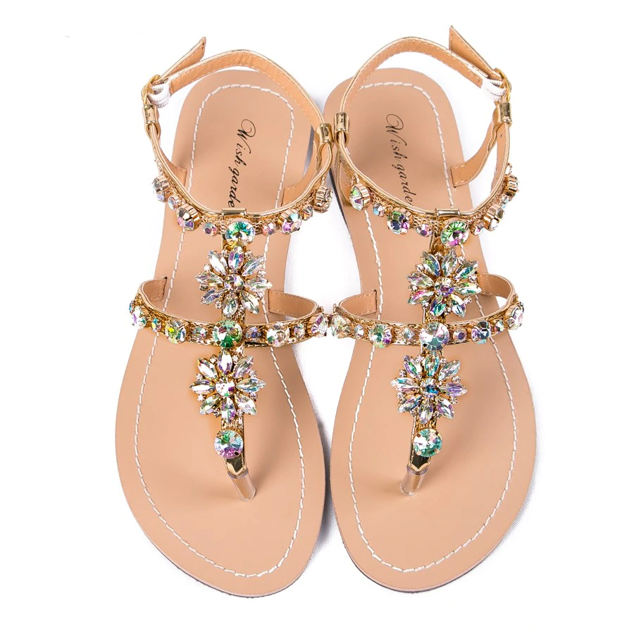 Women's - Shiny cowhide leather T-strap flat sandal - Stylish and Comfortable - Perfect for Casual Summer Occasion