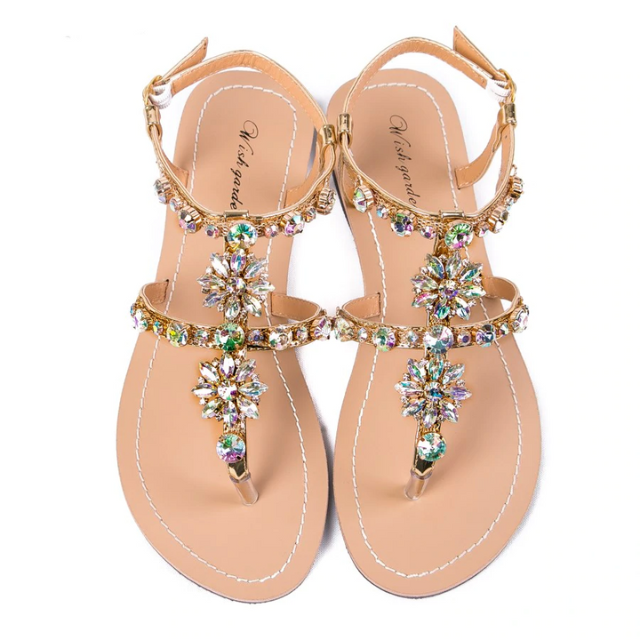 Women's - Shiny cowhide leather T-strap flat sandal - Stylish and Comfortable - Perfect for Casual Summer Occasion