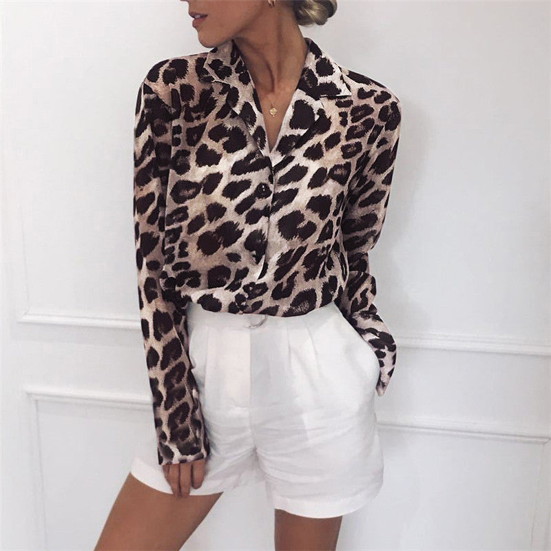 Classy long sleeve leopard print blouse turn down collar