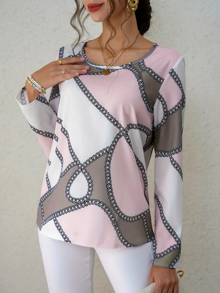 Casual long-sleeved top and blouse with graphic print and round neckline