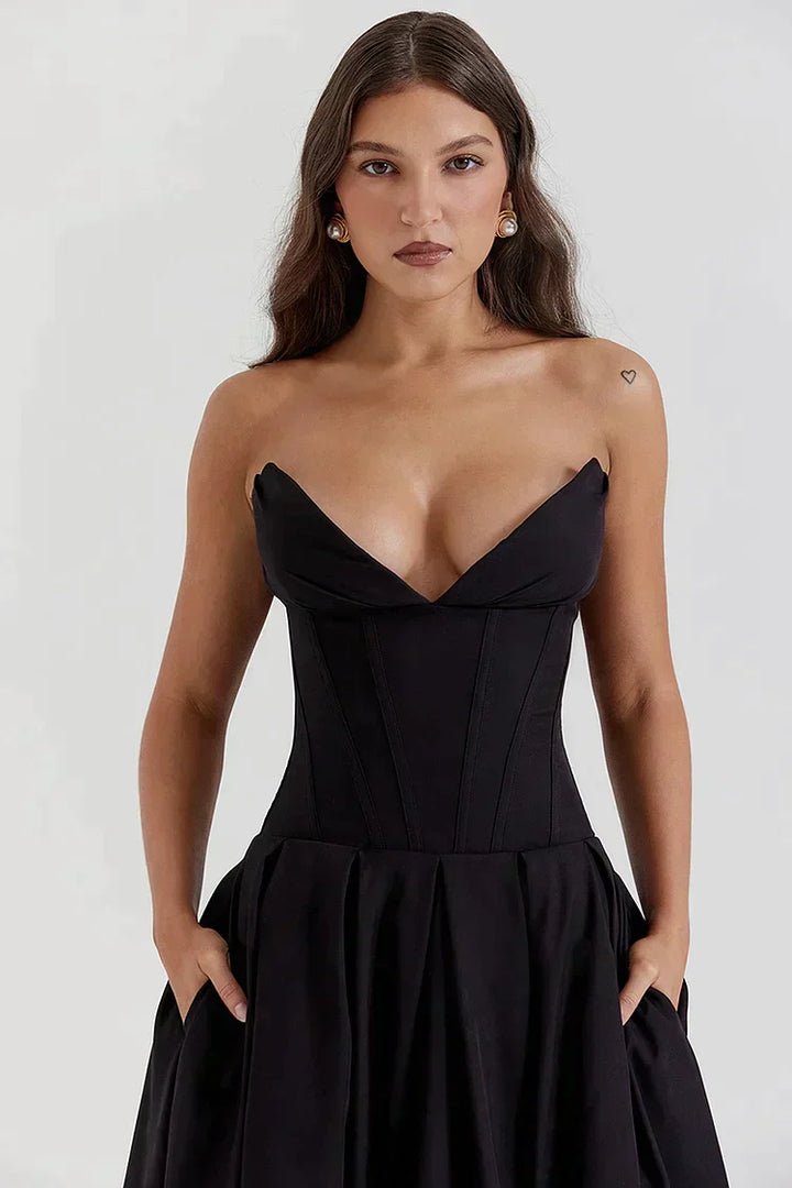 Strapless dress with deep V-neckline