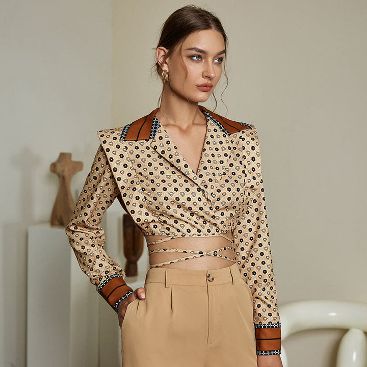 Fashionable cropped lapel slim fit blouse