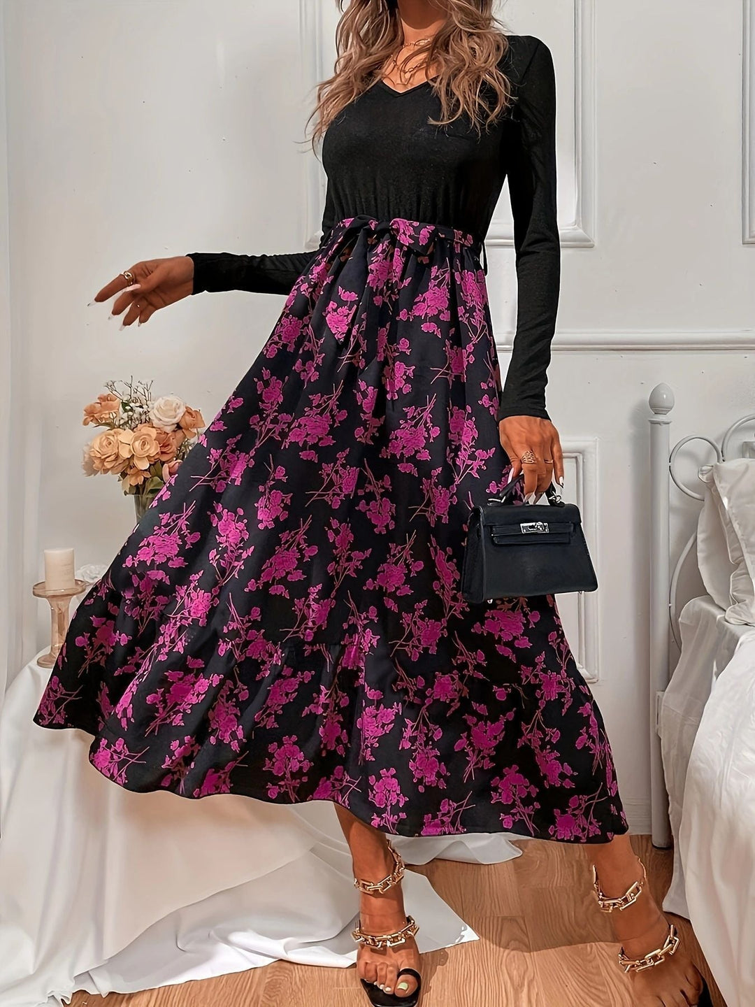 High quality women's V-neck flounce floral dress