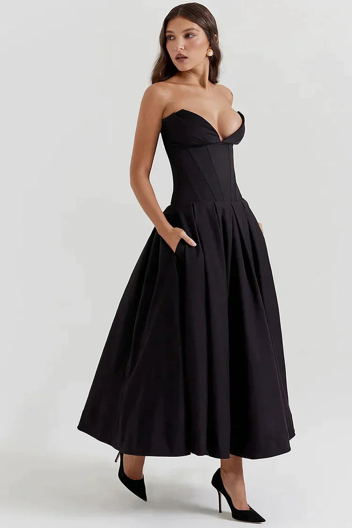 Strapless dress with deep V-neckline